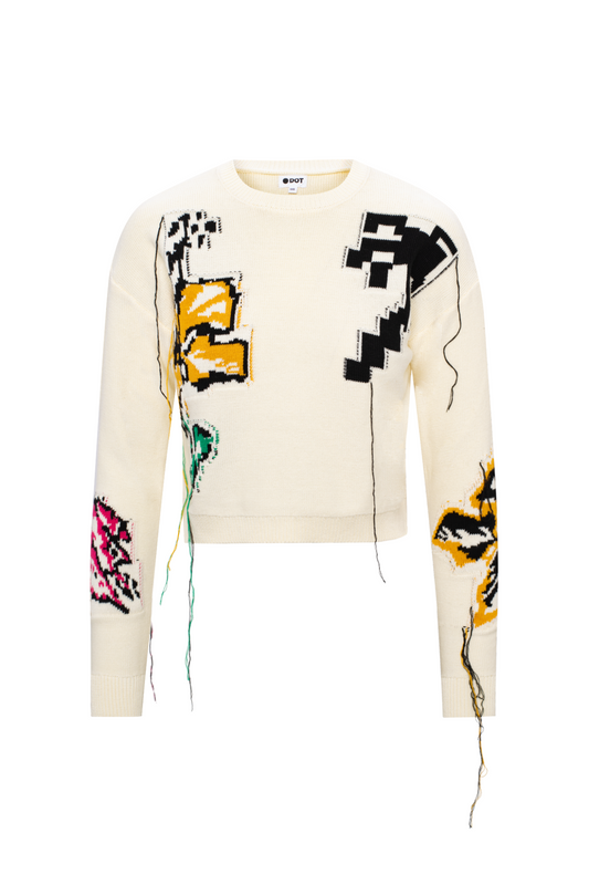 Cropped Floral Fringe Sweater Cream