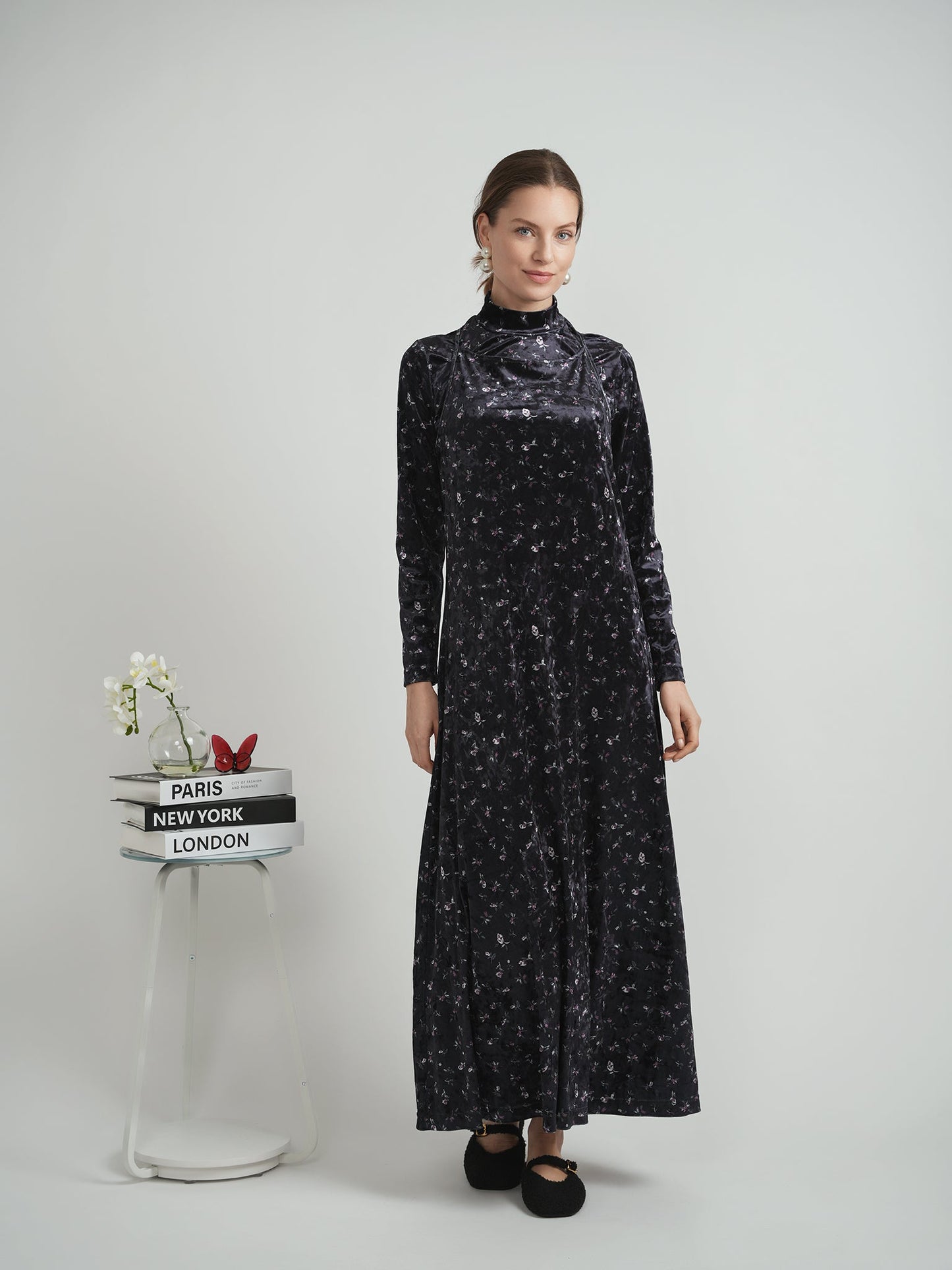 Printed Velour Maxi Jumper Mock Neck