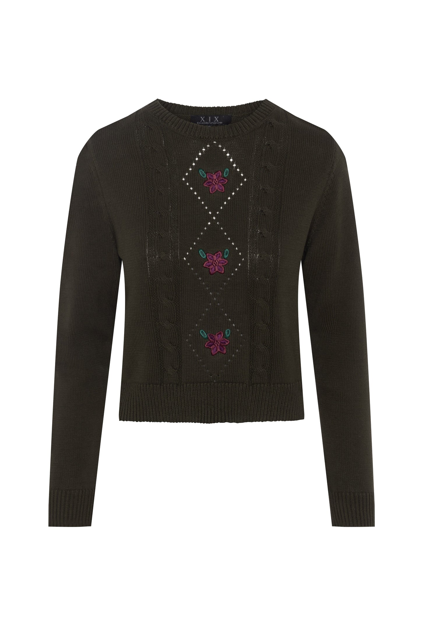 Cable Knit With Embroidery Dark Olive