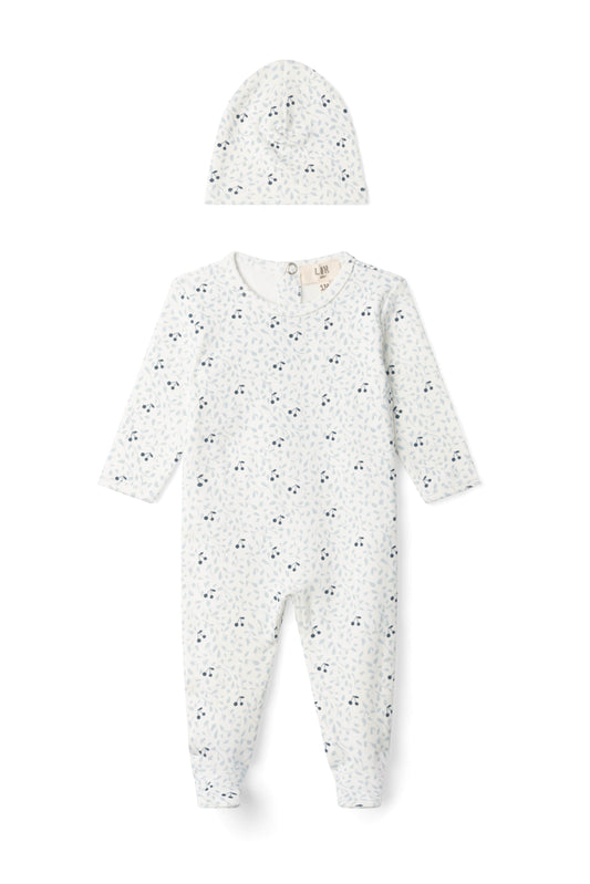 Branch and Cherry Print Onesie Off White Blue