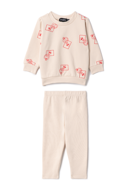 Stamp Print 2Pc Set Dark Almond Red