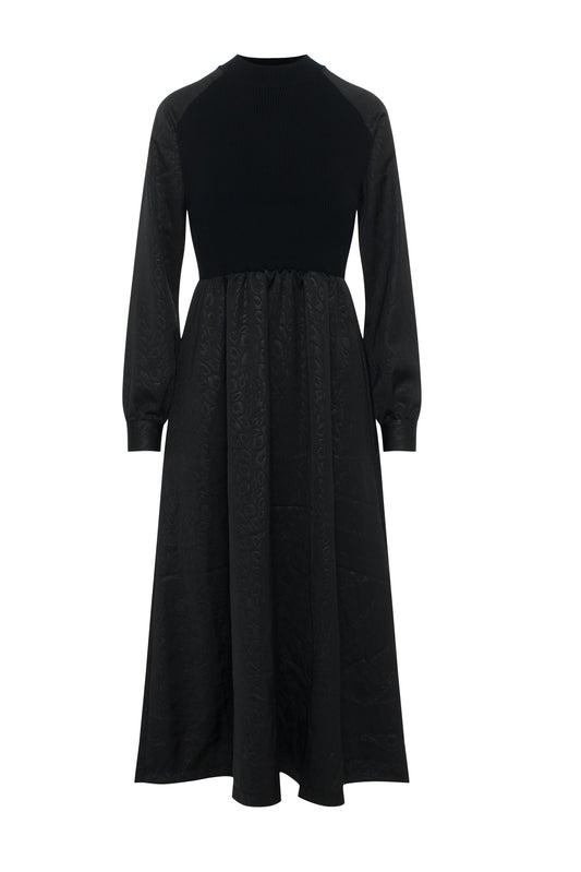 Mock Neck Satin Midi Dress Black