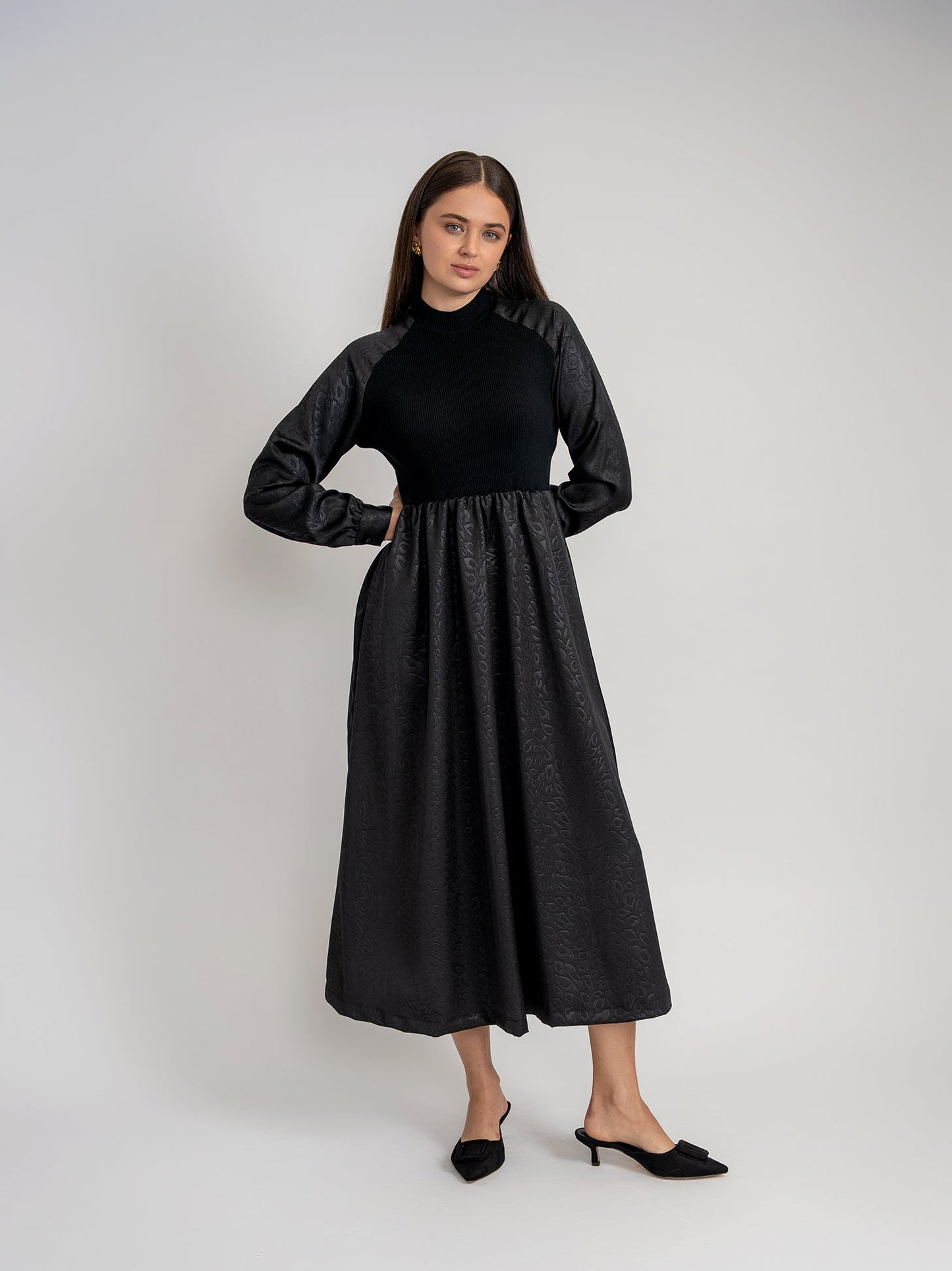 Mock Neck Satin Midi Dress
