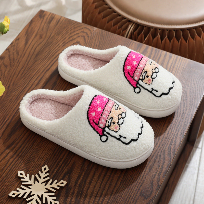 Christmas pink hat Santa Claus pattern unisex home winter wool slippers White
