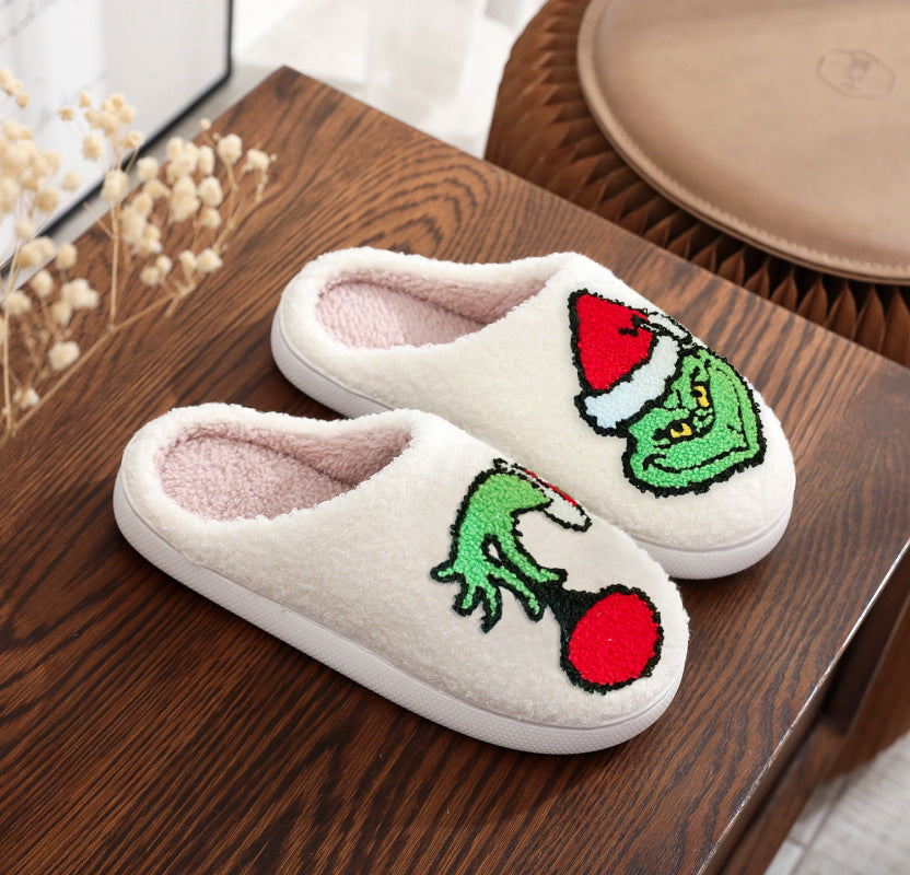 Christmas Green Fur Christmas Hat Slippers Men and Women Home Winter Fur Slippers White
