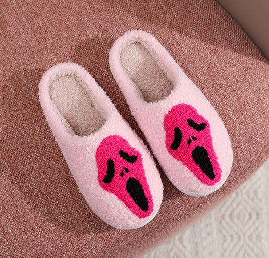 Halloween Screaming Skull Pattern Unisex Home Winter Fur Slippers Pink