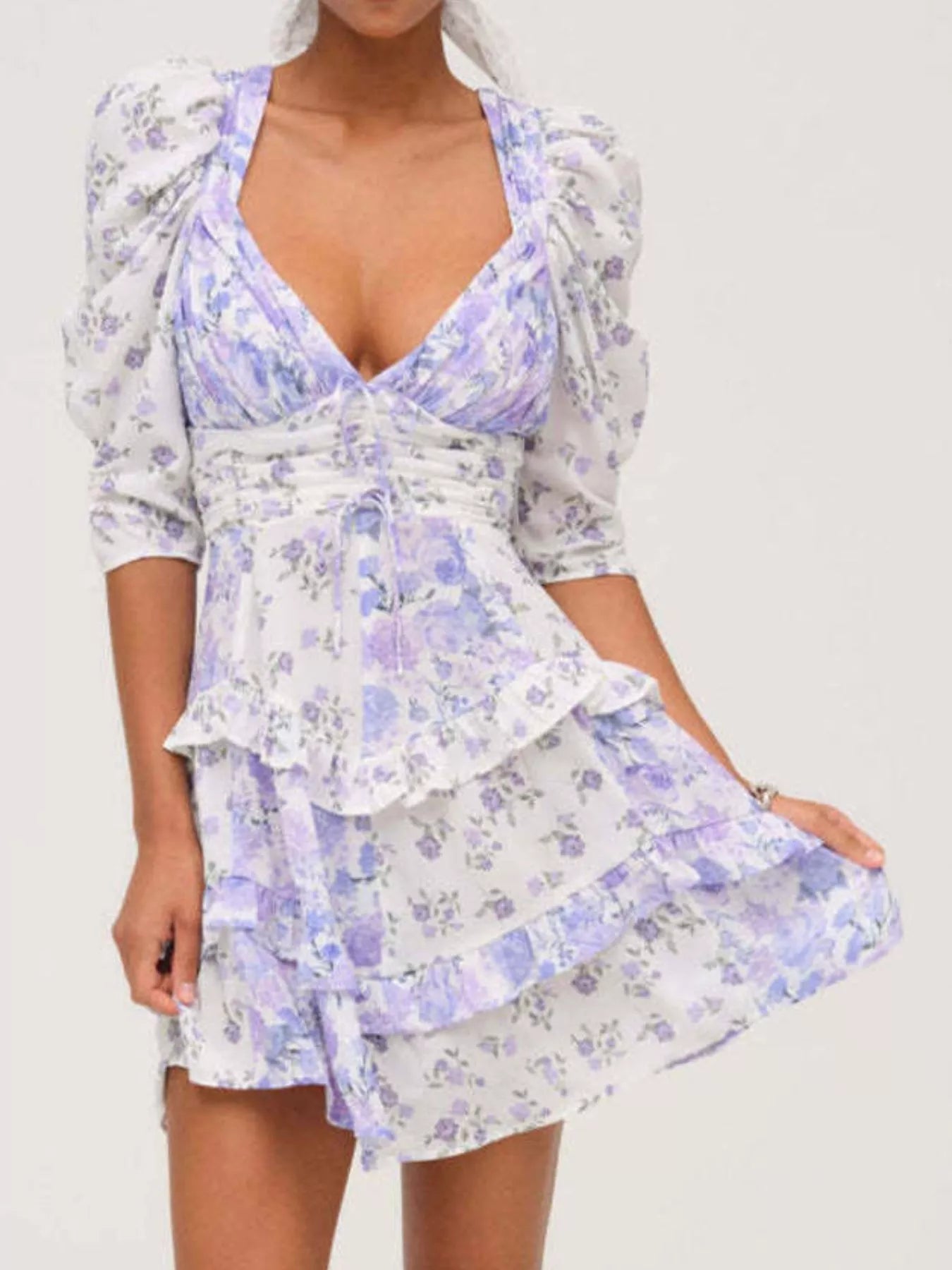 Ruffled Floral Print Half Sleeve Dress