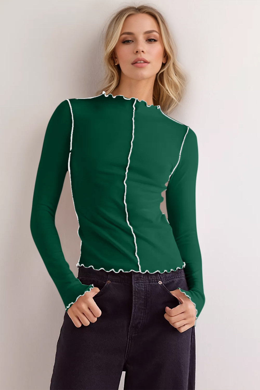 Basic Bae Contrast Trim Mock Neck Long Sleeve T-Shirt Dark Green