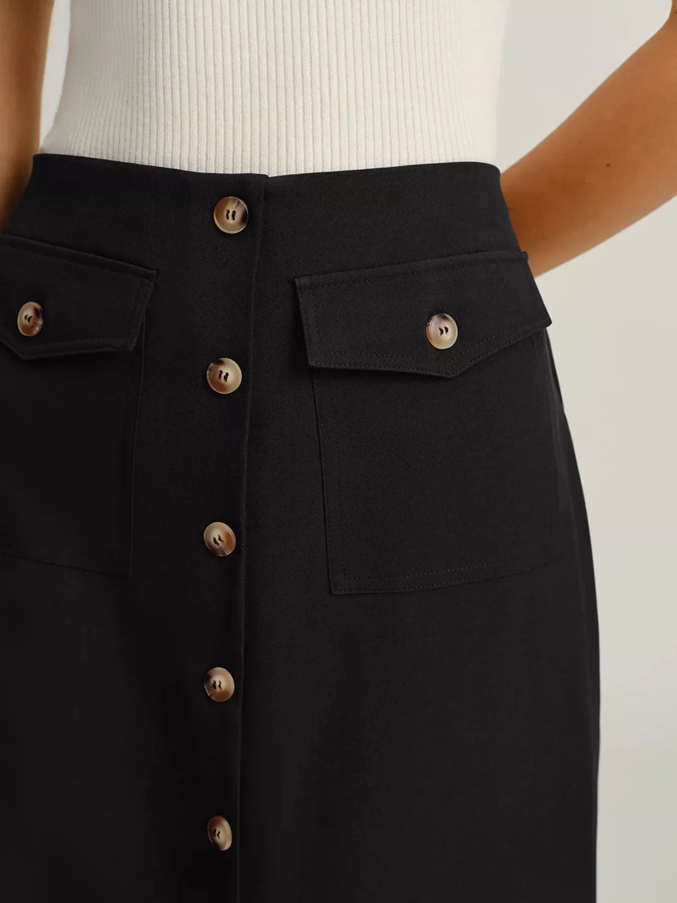 Button-Front Pocketed Midi Skirt