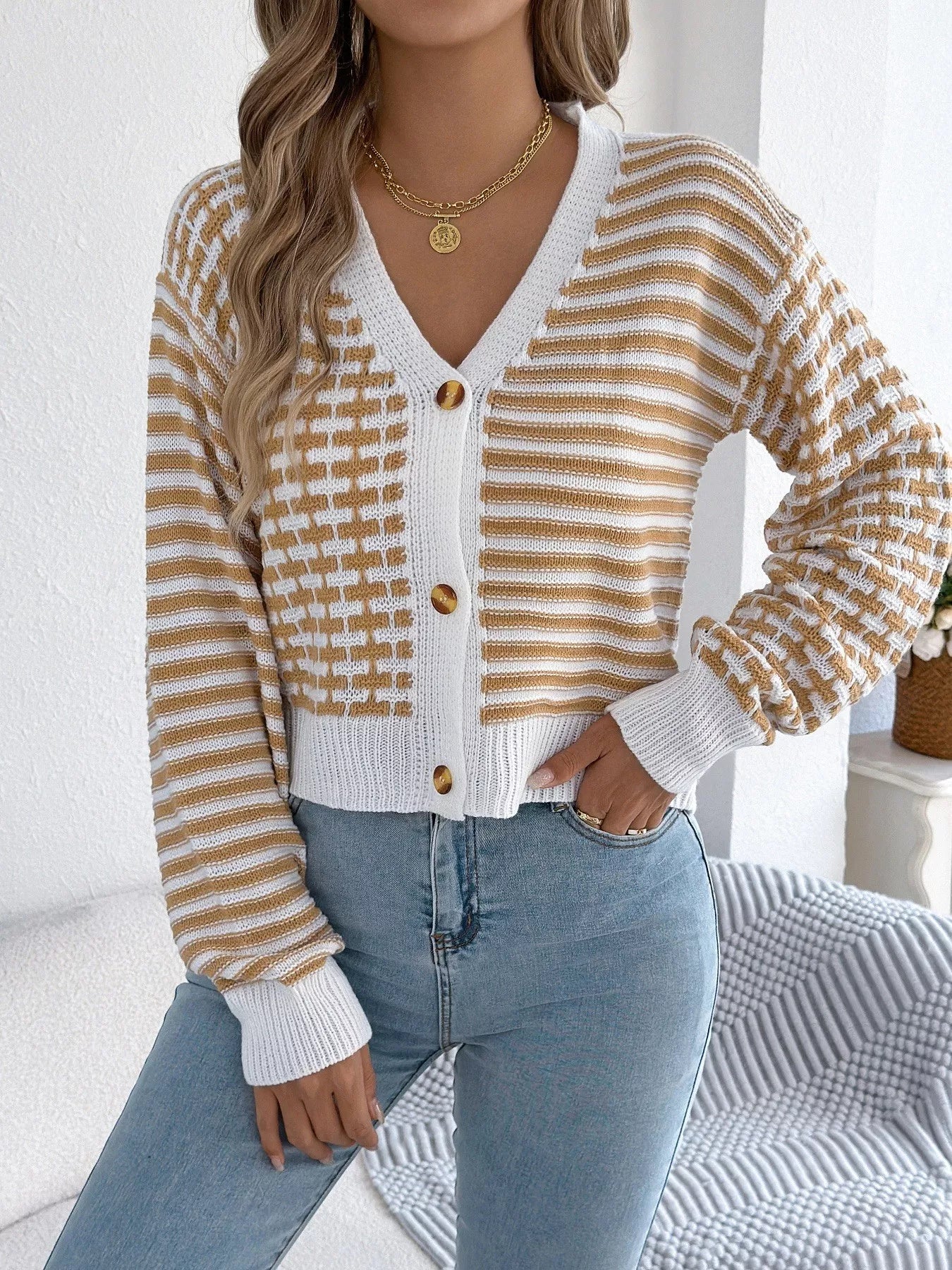 Striped Button-Up Cropped Cardigan