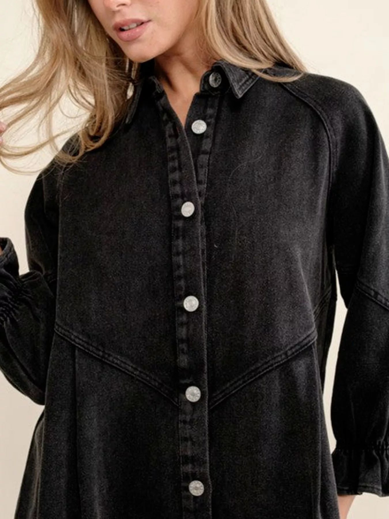 Ruffled Cuff Button-Down Denim Dress