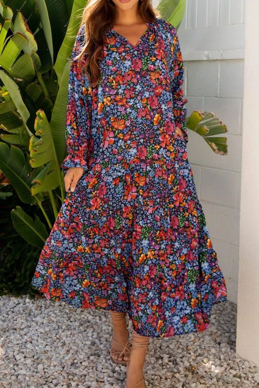 Floral Notched Flounce Sleeve Maxi Dress