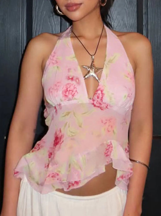 Floral Halter Neck Cami Pink