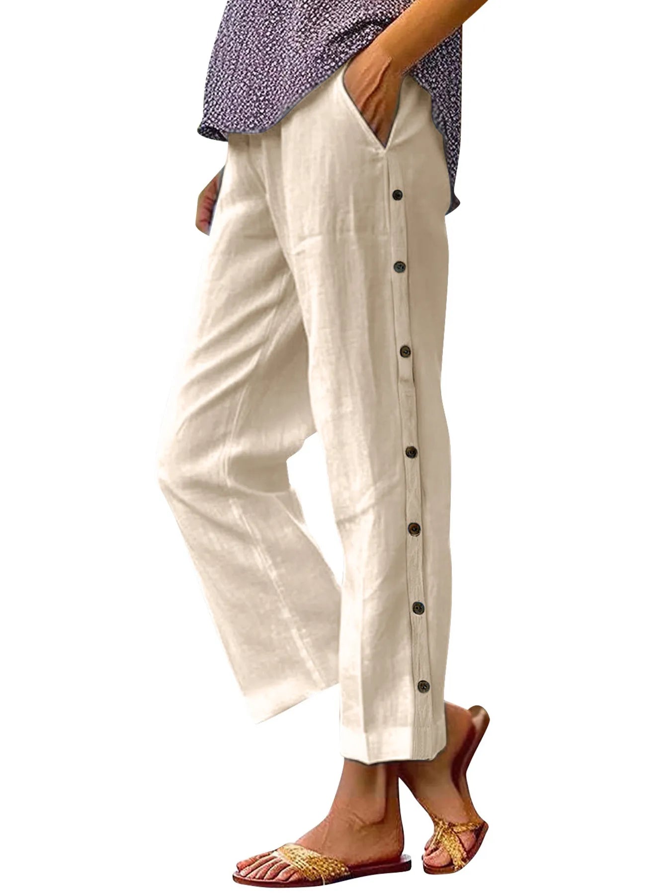 Full Size Side Decor Button Casual Wide Leg Pants Plus Size