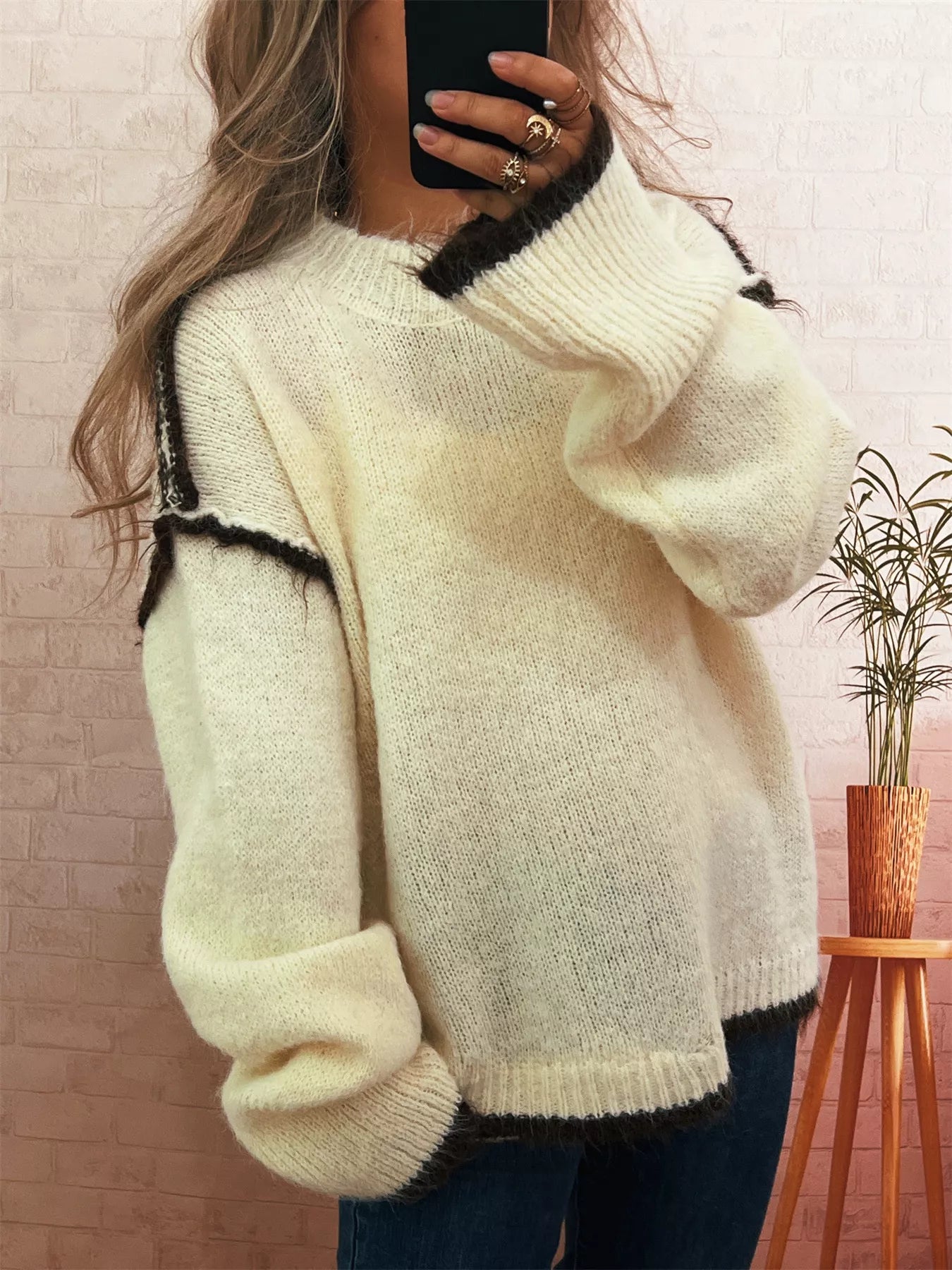 Contrast Trim Dropped Shoulder Sweater