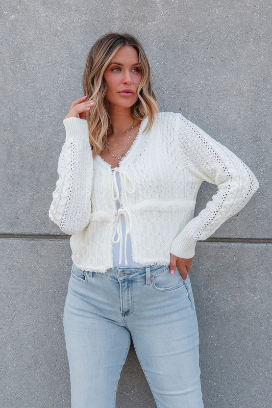 Alina Cream Crochet Tie Front Sweater Cardigan - FINAL SALE