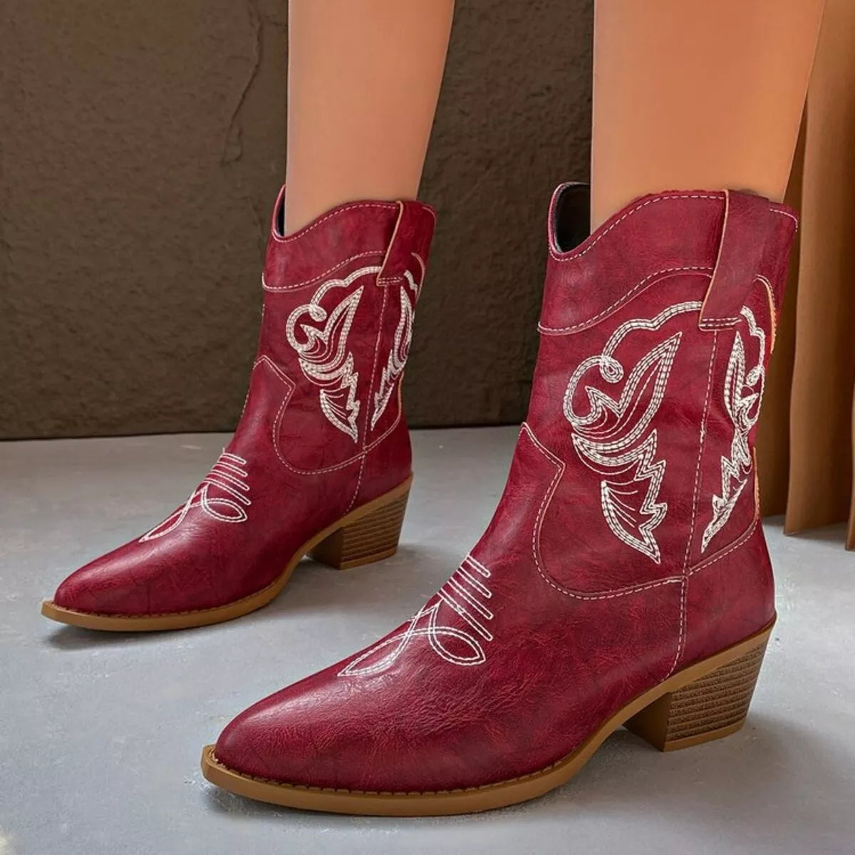 Western Cowboy Boots with Embroidered Design Red