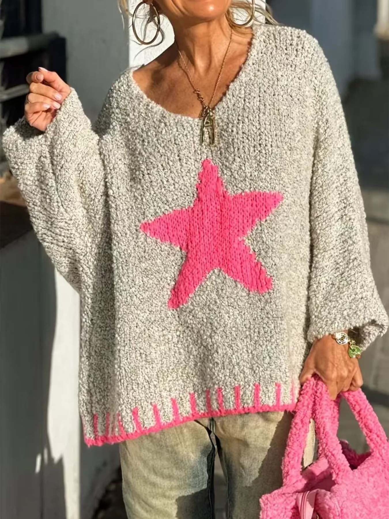 Star V-Neck Long Sleeve Sweater Light Gray