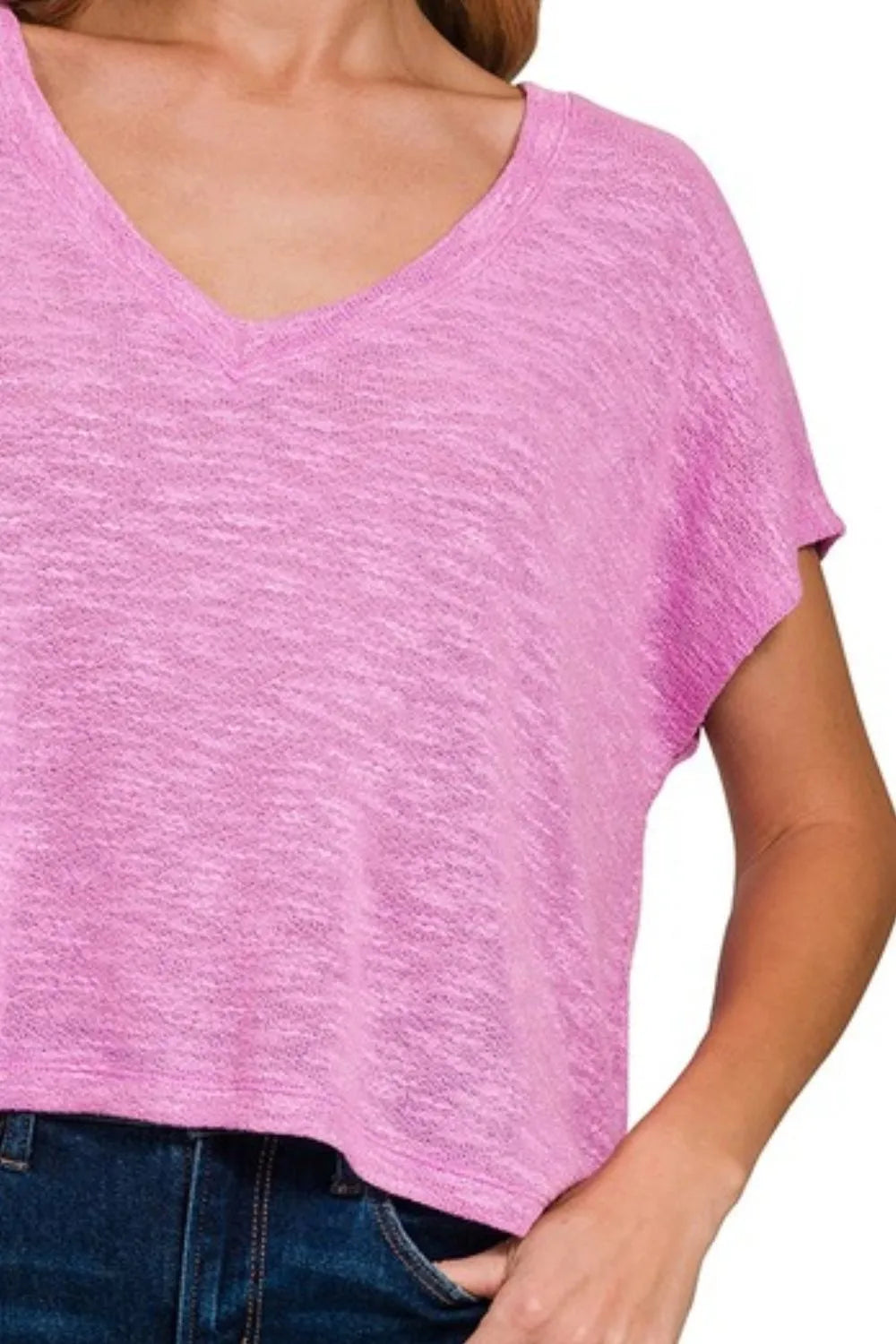 Zenana Hacci Slub V-neck Drop Shoulder Crop Top