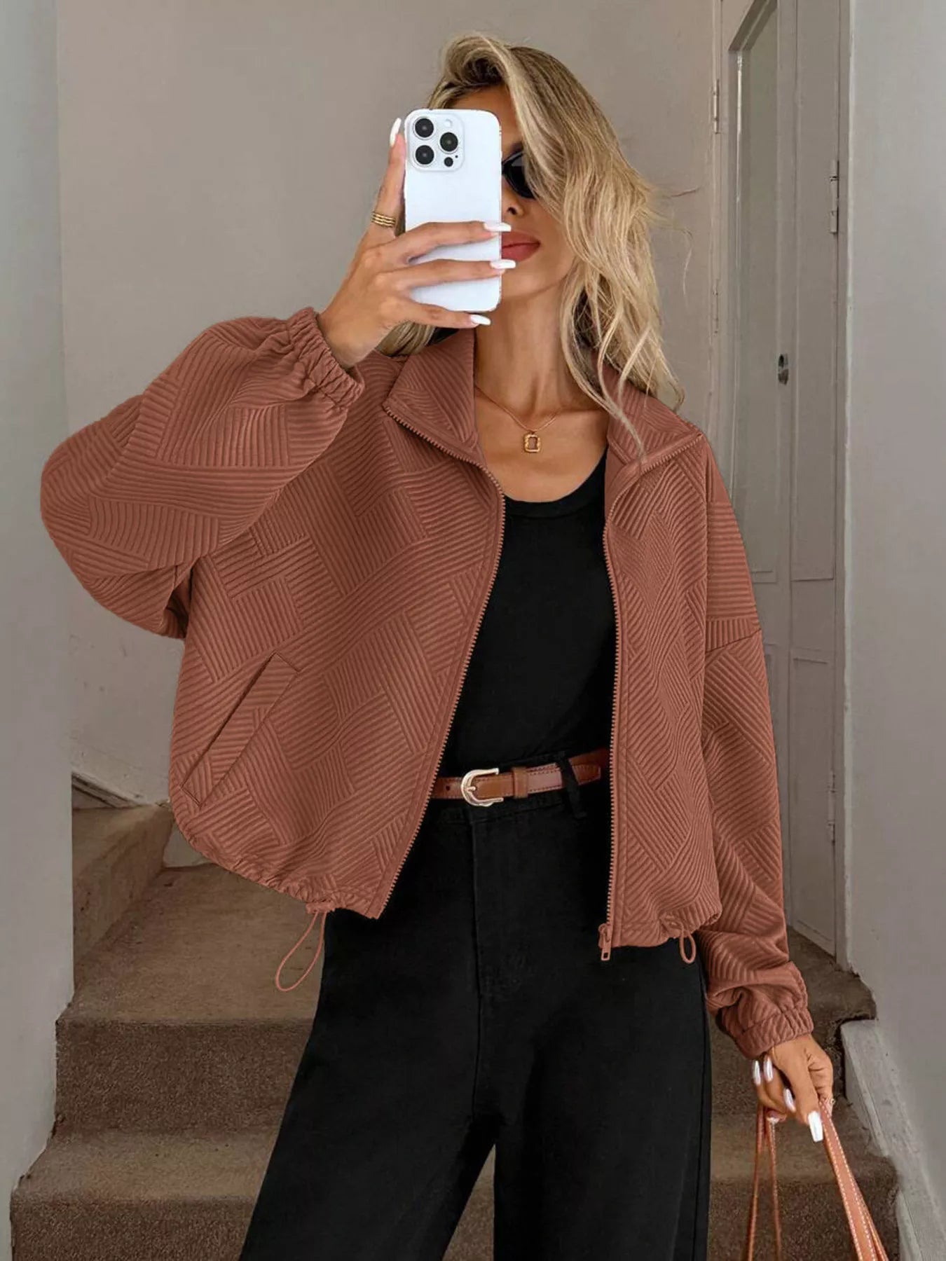 Drawstring Hem Textured Long Sleeve Jacket Caramel