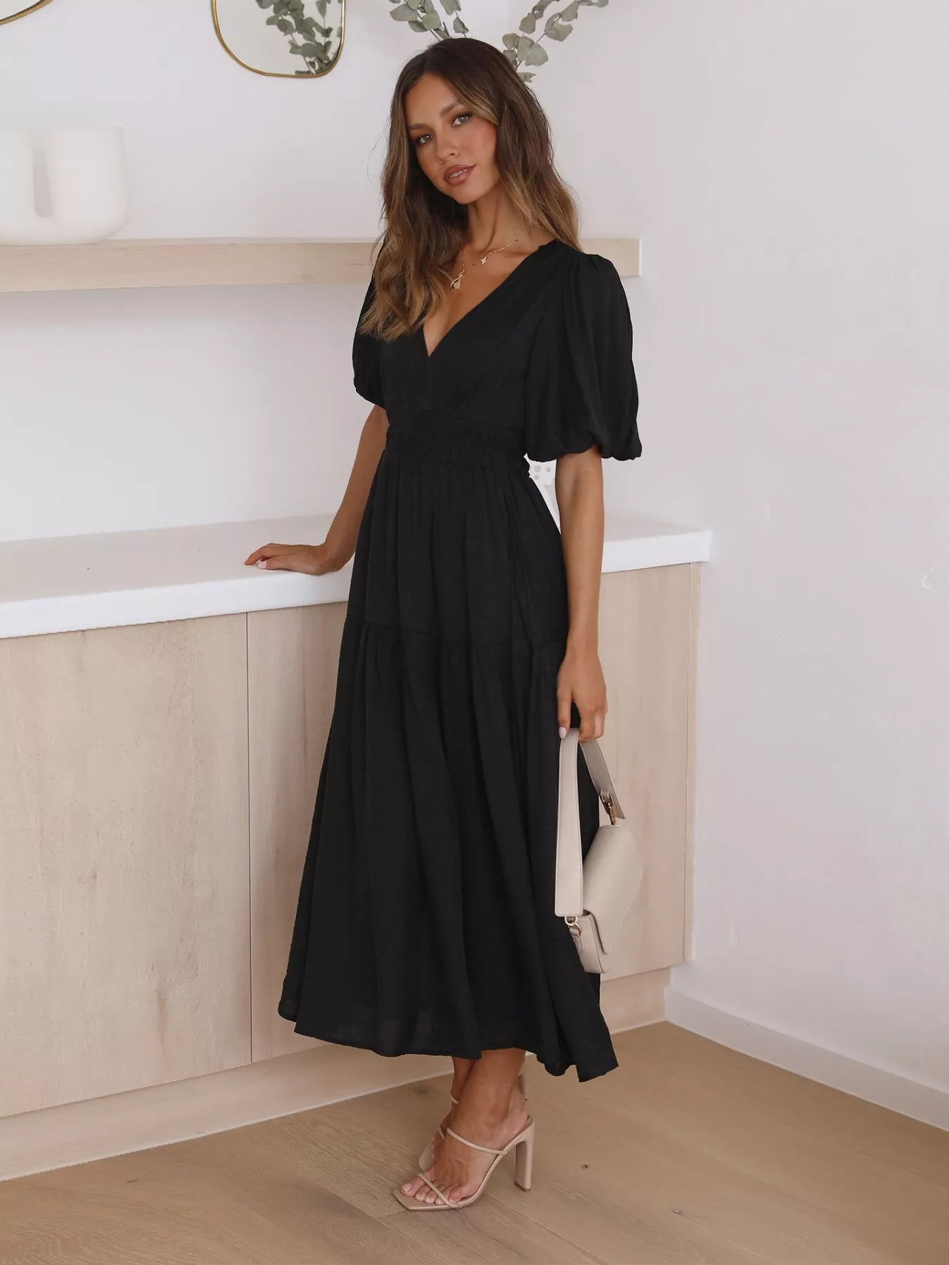 Tiered Puff Sleeve Midi Dress