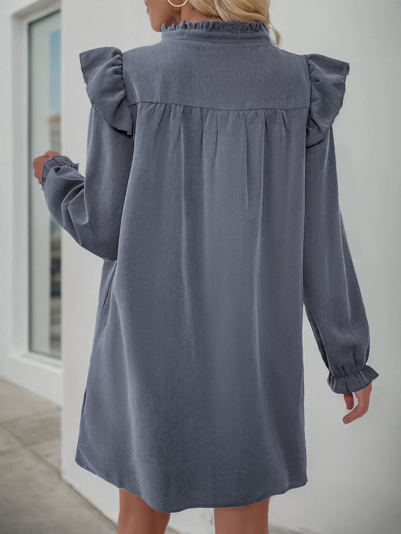 Ruffled Notched Flounce Sleeve Dress