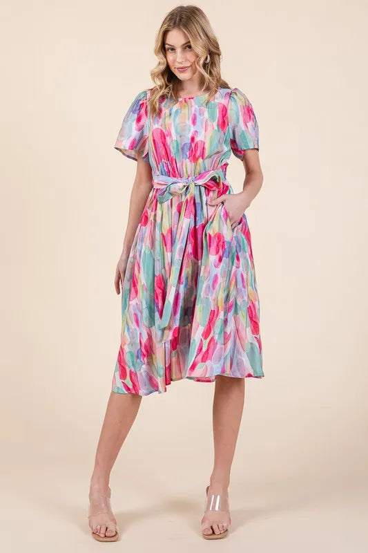 Lime 'N' Chili Watercolor Print Tie Front Midi Dress