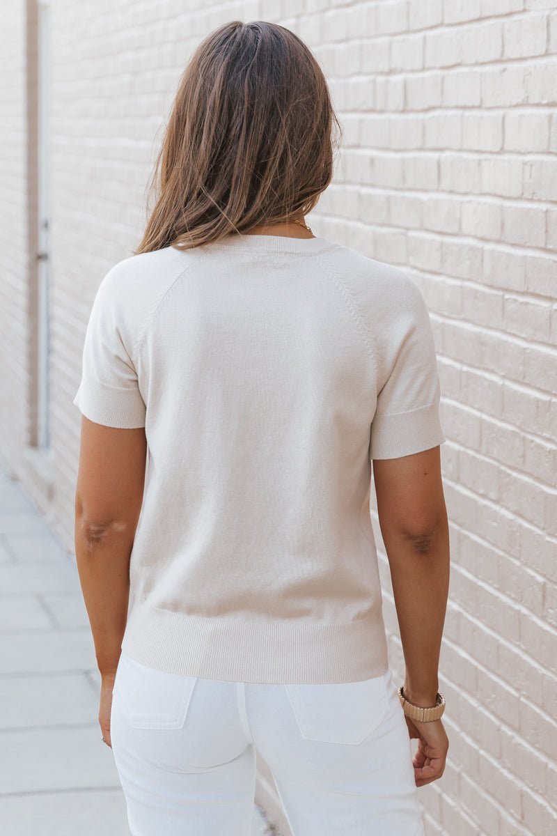 Beige Short Sleeve Crew Neck Sweater