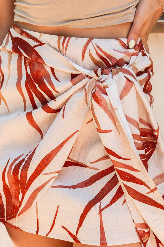 Beige Tropical Floral Print Wrap Tie Mini Skirt - FINAL SALE