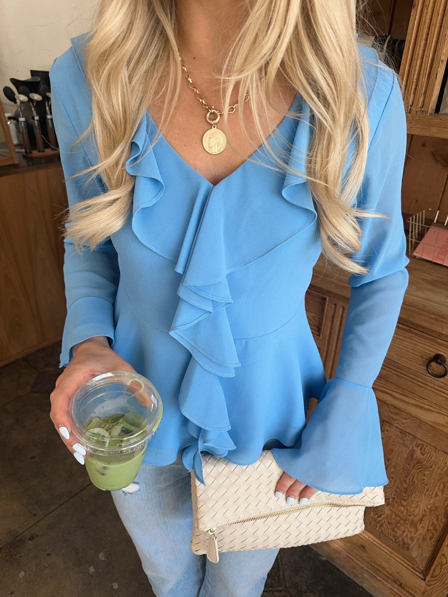 Blue Coastal Charm Ruffle Detail Blouse - FINAL SALE