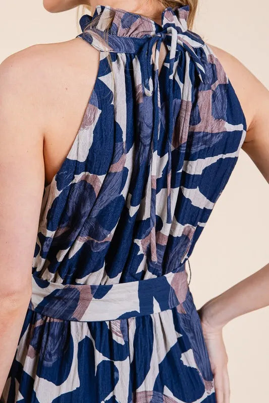 Lime 'N' Chili Abstract Halter Neck Tie-Waist Tiered Maxi Dress