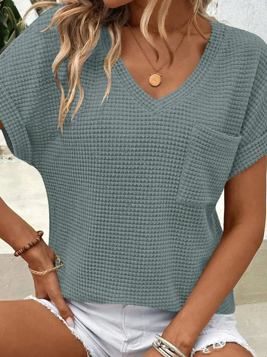 Waffle Knit V-Neck Casual T-Shirt