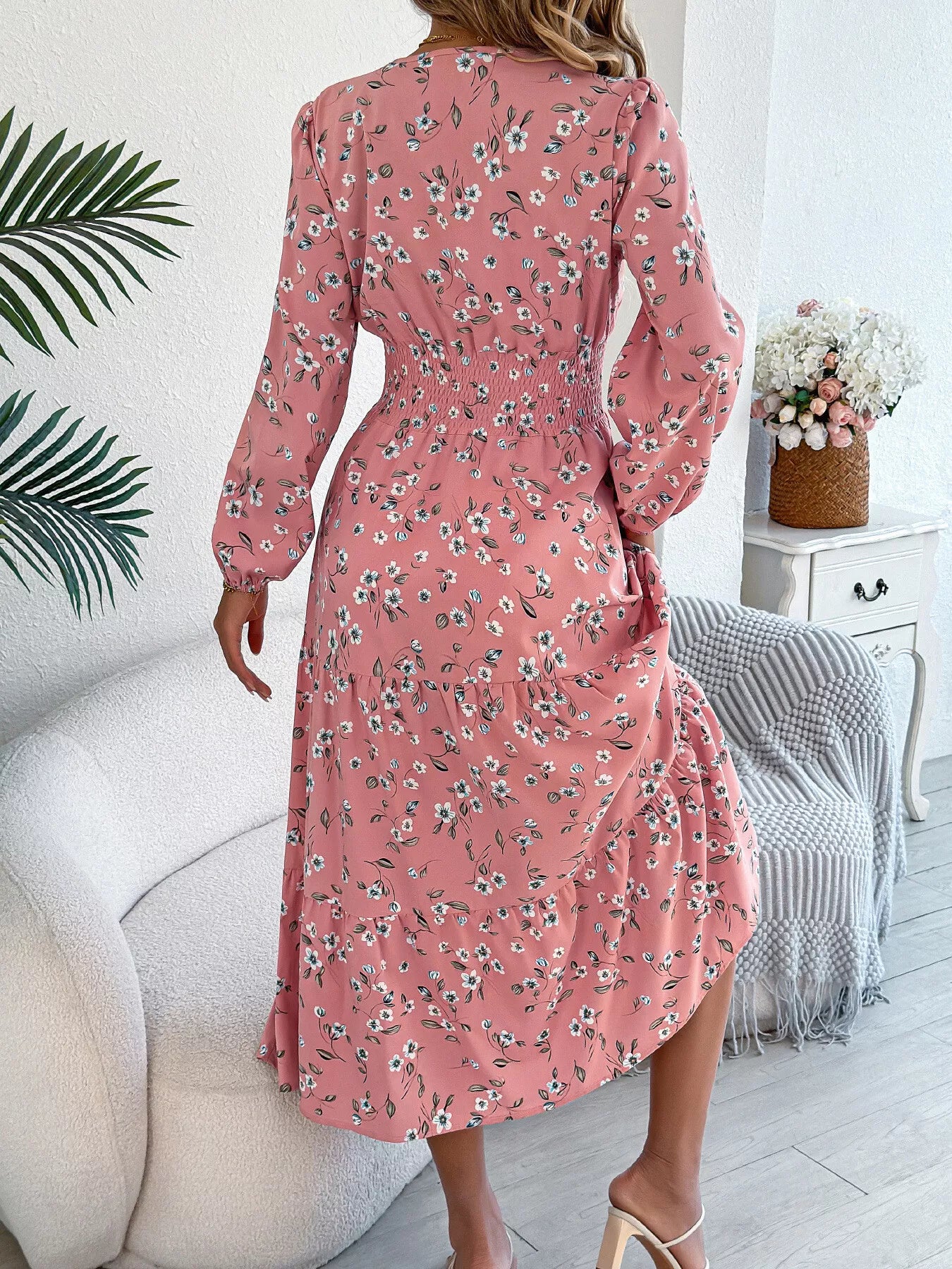Floral Print Long Sleeve V-Neck Midi Dress