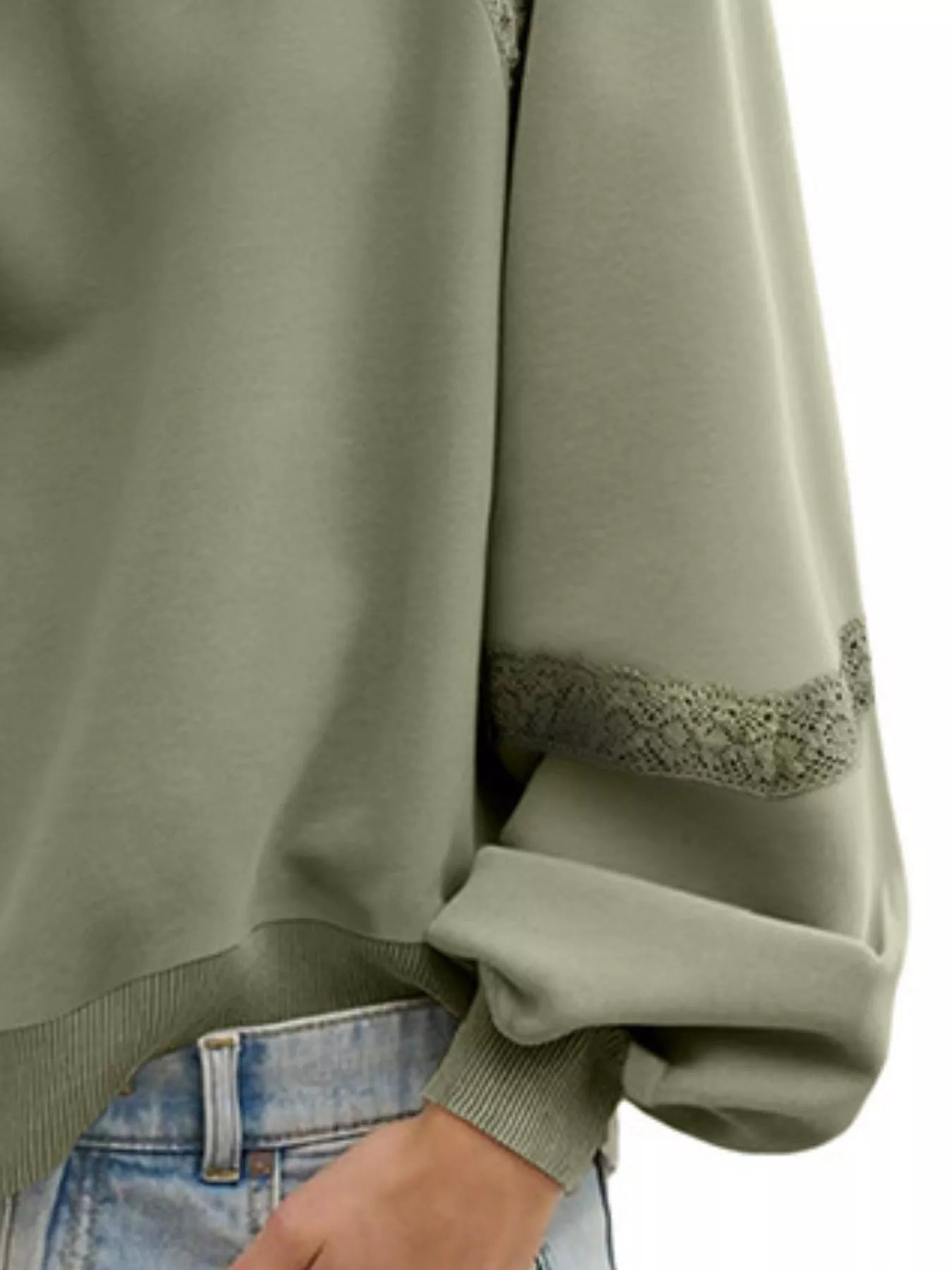 Lace Detail Notched Long Sleeve Sweatshirt