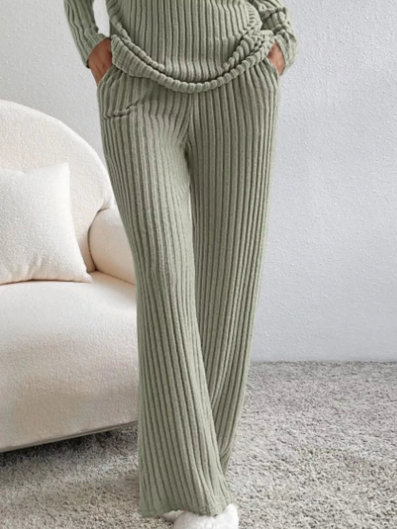 Ribbed Knit Long Sleeve Top and Pants Set