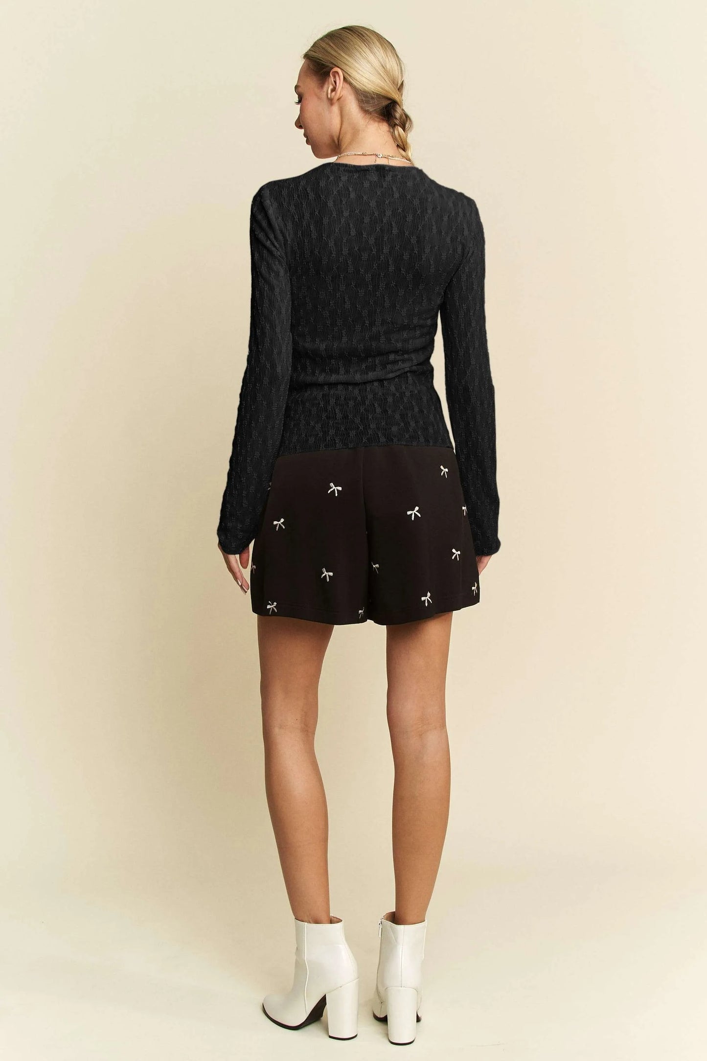 Davi & Dani Long Sleeve Sheer Small Embroidered Bows Lace Top