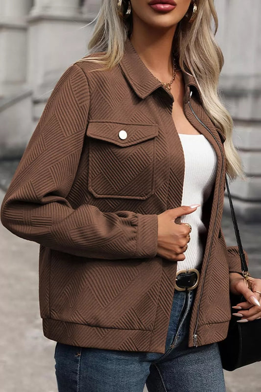 Solid Color Zip Up Button Flap Pocket Jackets