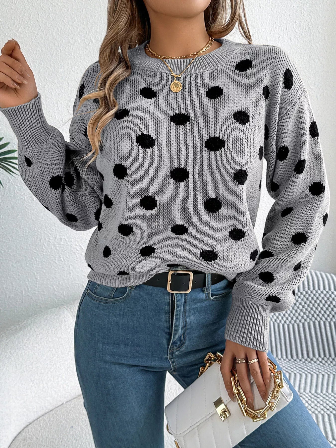 Polka Dot Round Neck Sweater