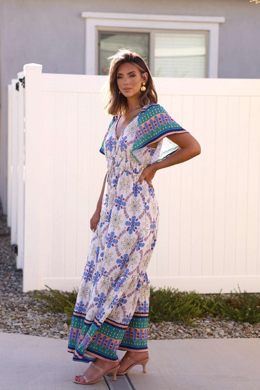 Claire Blue Print Tiered Maxi Dress - FINAL SALE