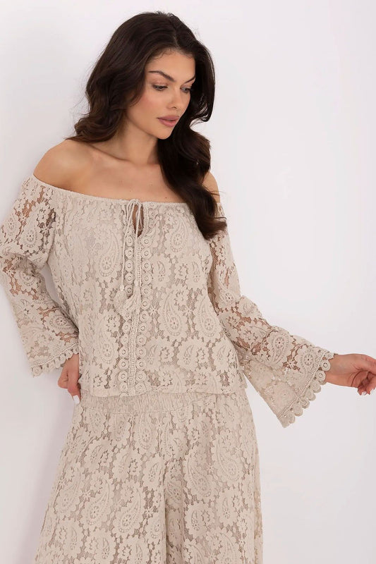 Elegant Spanish Neck Lace Tie Blouse