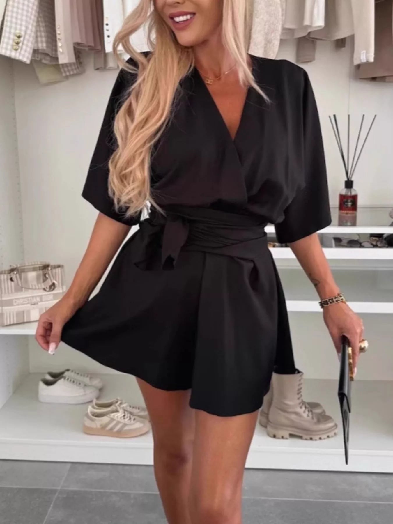 Full Size Surplice Tie Waist Romper Plus Size Black