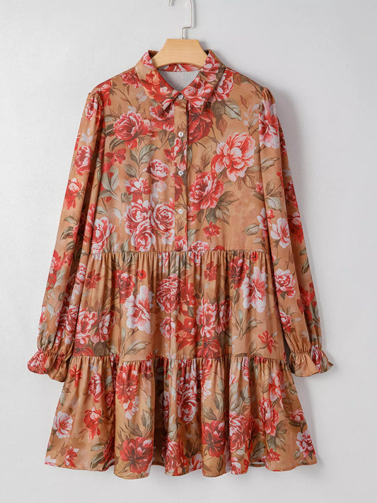 Floral Print Half Button Flounce Sleeve Ruffle Mini Dress Floral