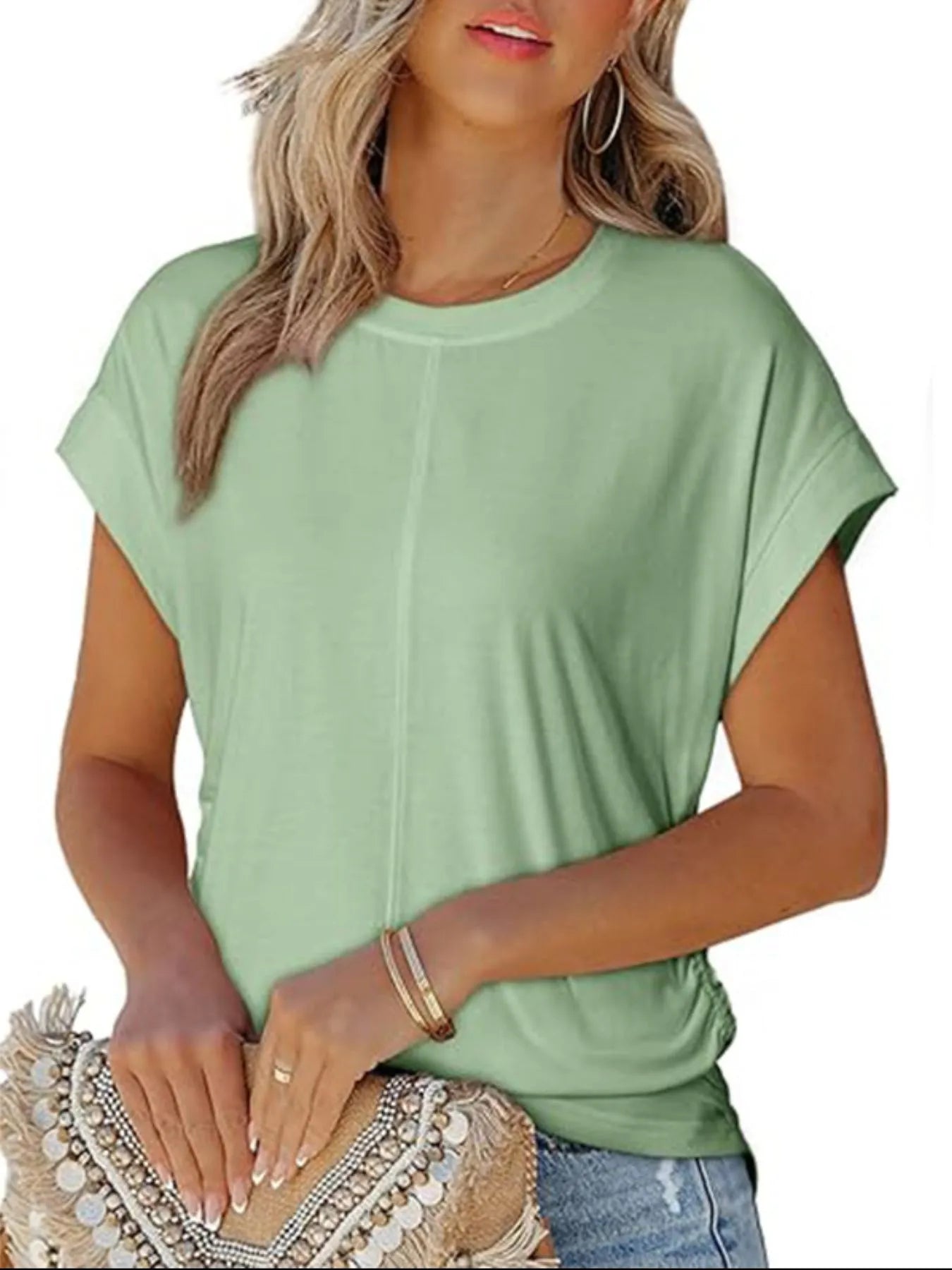 Round Neck Short Sleeve T-Shirt Light Green