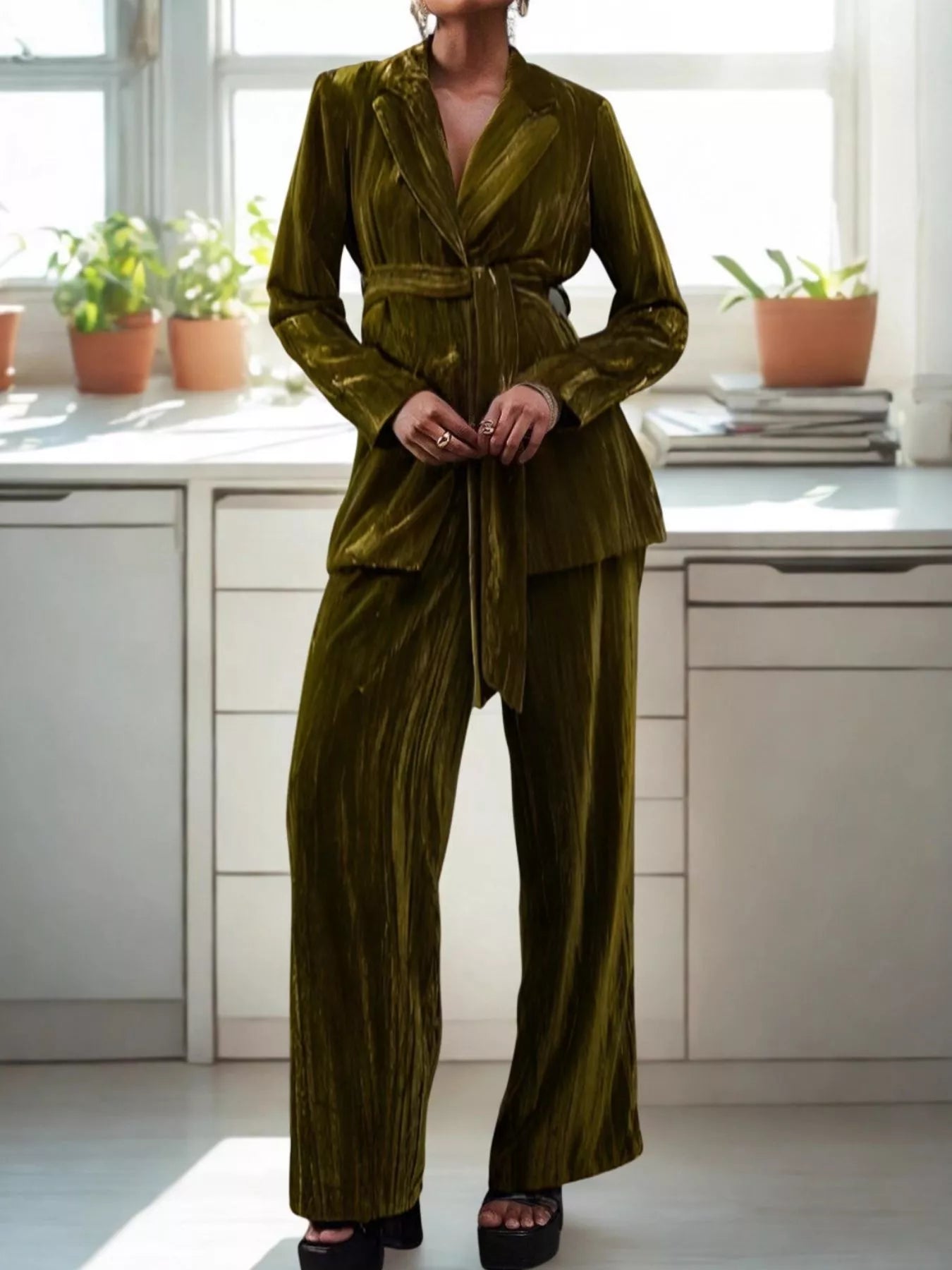 Velvet Lapel Collar Blazer & Pants Set