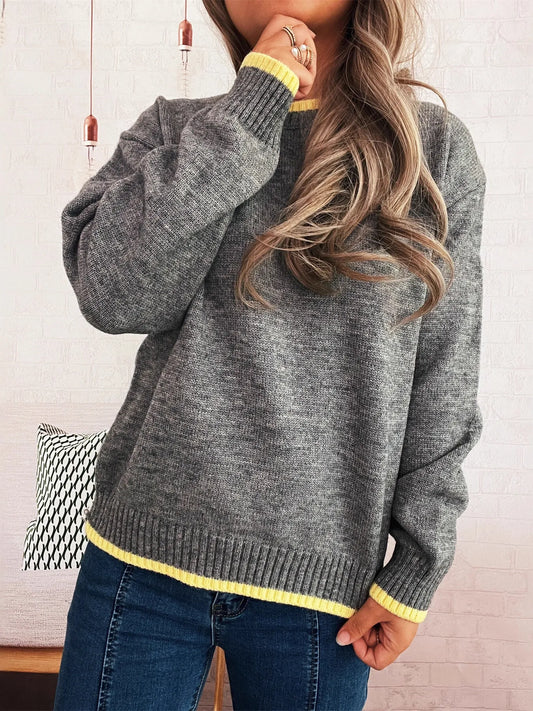 Ribbed Contrast Trim Long Sleeve Sweater
