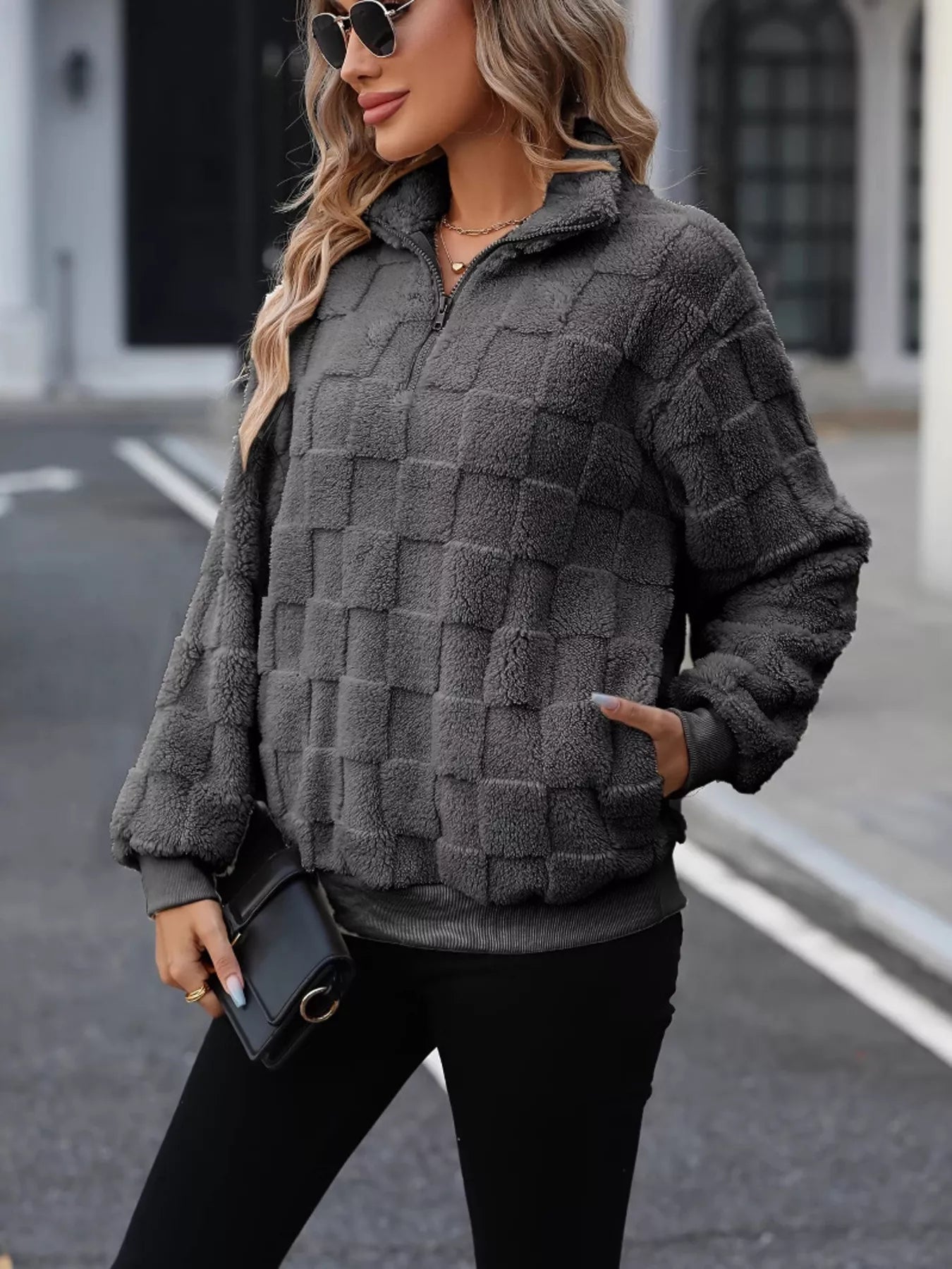 Cozy Checkered Fleece Quarter Zip Sweatshirt