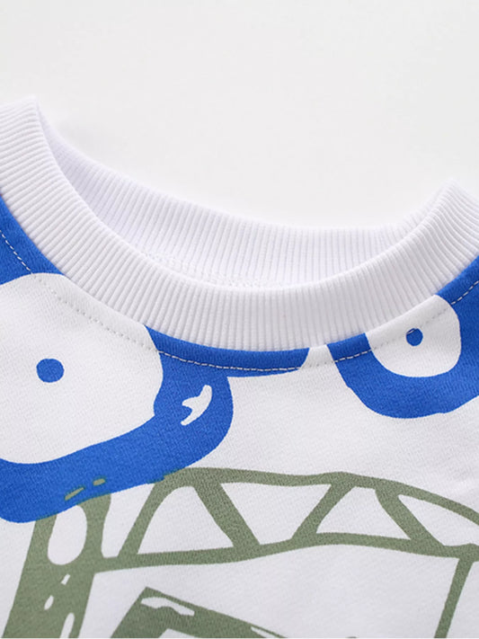 Children's Cartoon Vehicle Print Crew Neck Sweatshirt