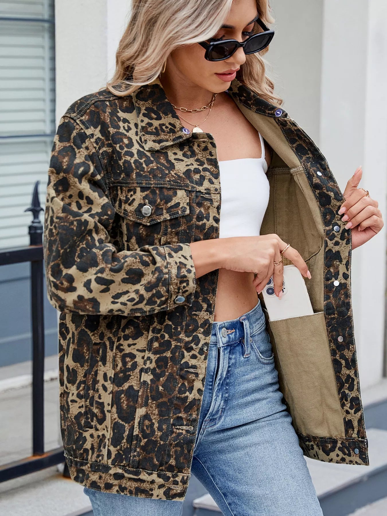 Button Up Long Sleeve Denim Jacket Leopard