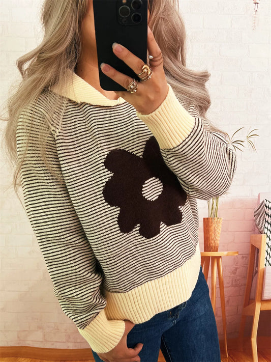 Striped Flower Raglan Sleeve Sweater