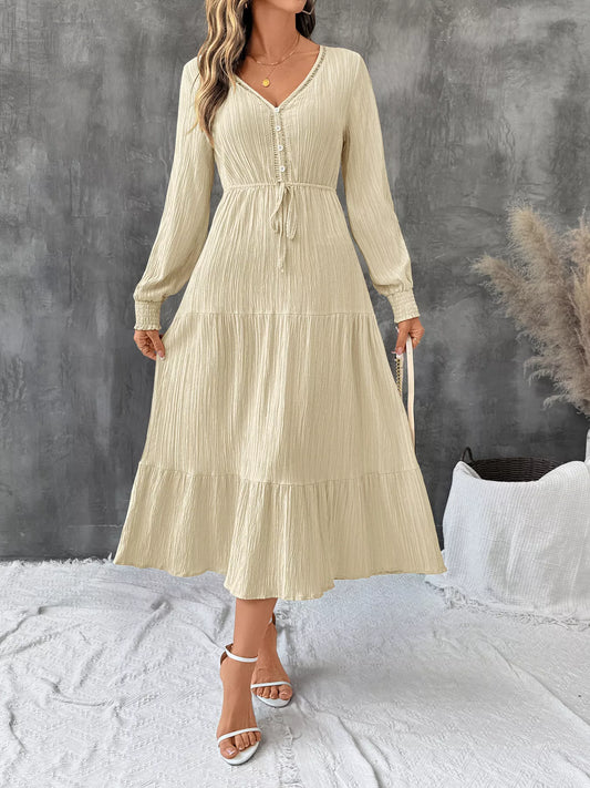 Tiered V-Neck Long Sleeve Dress